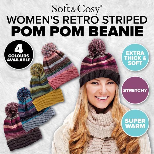 Women Premium Beanie Soft Pom Pom Retro Stripe - Everything Party