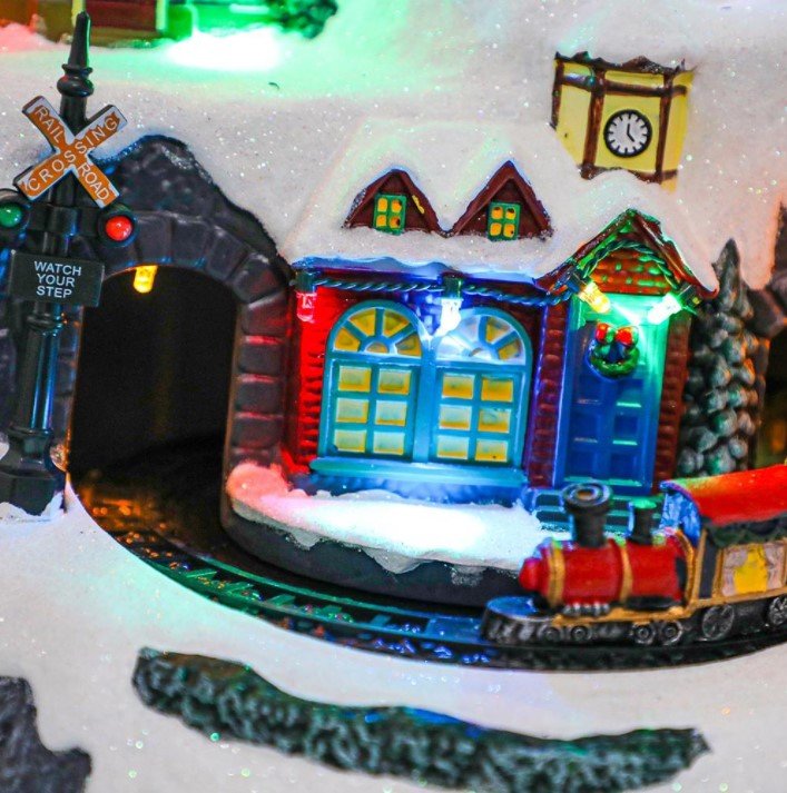 Animated Christmas Village Snowy Mountain with Rotating Train Skaters Musical and LED Lights - Everything Party