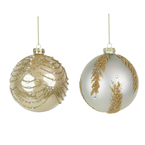10cm Champagne & Ivory Glass Bauble with Glitter Finish - Everything Party