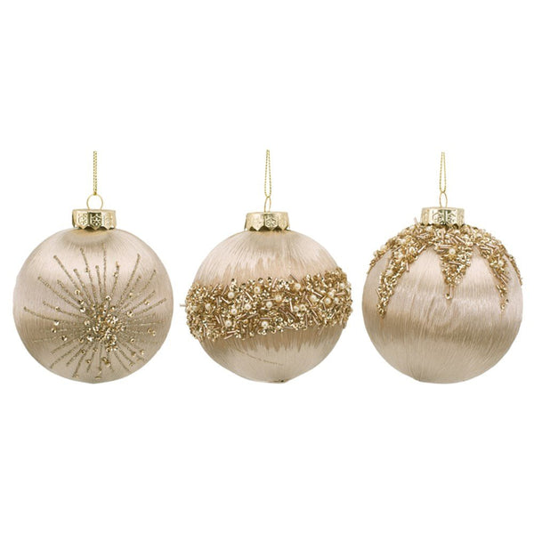 10cm Champagne Thread Bauble with Bead & Sequin Detail Christmas Tree Decor - Everything Party