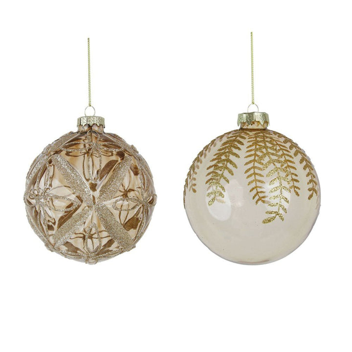 10cm Christmas Glass Bauble – Clear Taupe with Glitter Finish (2 Assorted Designs) - Everything Party