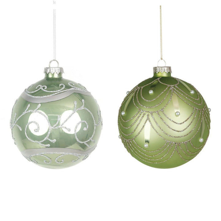 10cm Green Glass Bauble with Glitter Detail (2 Assorted Designs) - Everything Party
