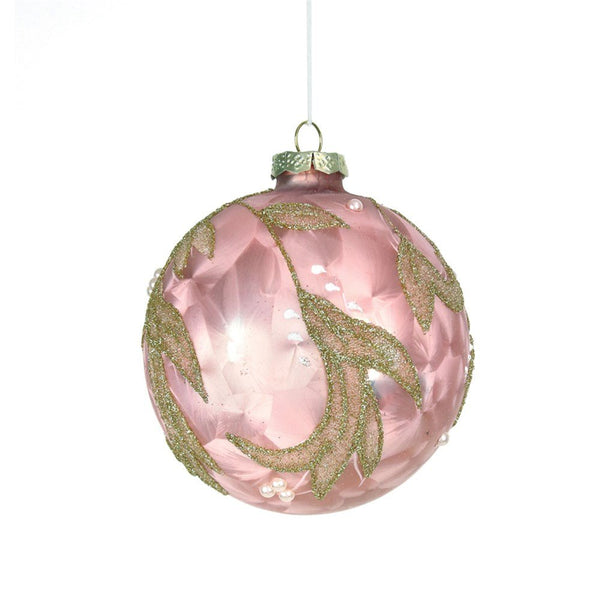 10cm Pink Christmas Glass Bauble with Glitter Details - Everything Party