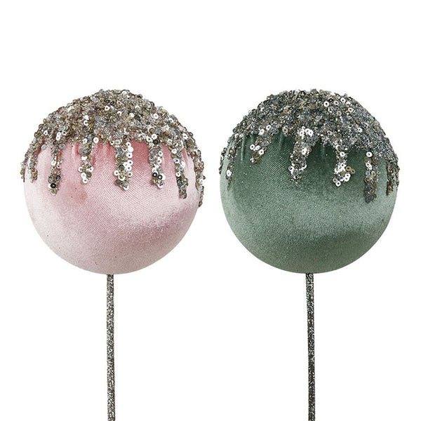 10cm Sage & Dusty Pink Velour Bauble with Glitter Details - Everything Party