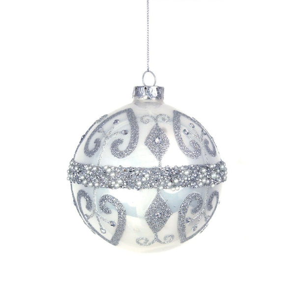 10cm White Pearl Finish Christmas Glass Bauble with Crystal Details - Everything Party