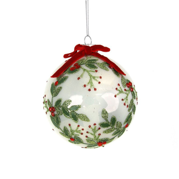 10cm White Pearl Finish Glass Bauble with Holly Painted Detail - Everything Party