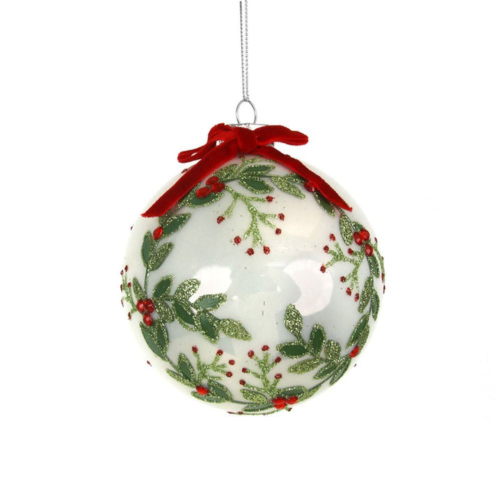 10cm White Pearl Finish Glass Bauble with Holly Painted Detail - Everything Party