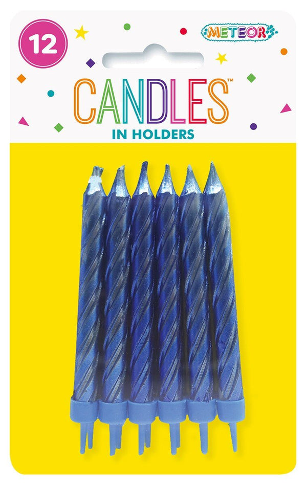 12 Pack Metallic Blue Birthday Candles with Holders - Everything Party
