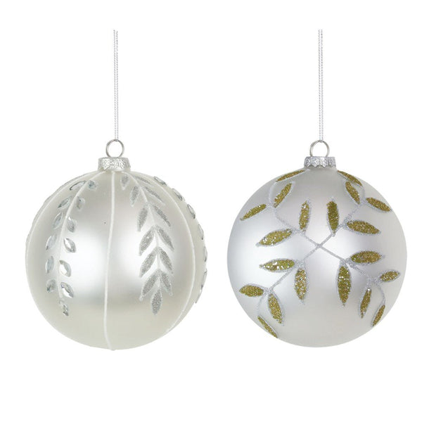 12cm GLASS WHITE & SILVER BAUBLE W/GLITTER DETAILS - Everything Party