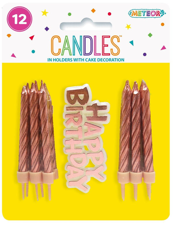 12pk Birthday Candles with Cake Decoration - Rose Gold - Everything Party