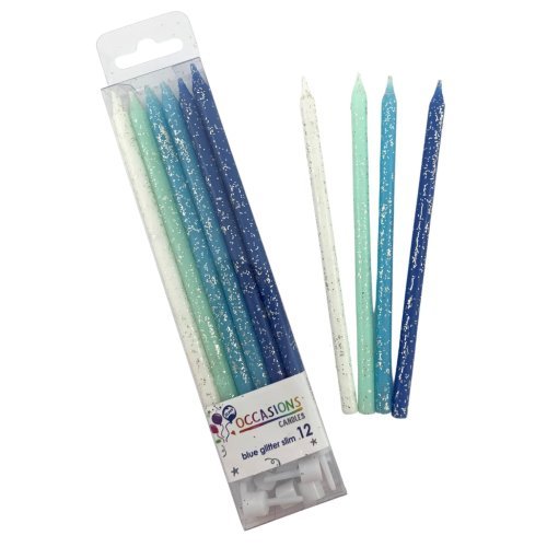 12pk Blue Glitter Slim Birthday Candles with Holders - Everything Party