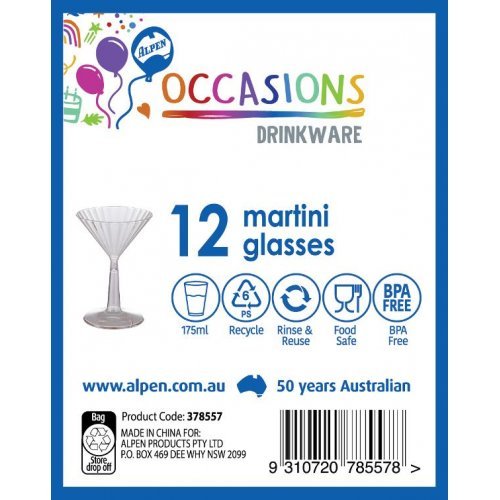 12pk Clear Plastic Martini Glass 175ml - Everything Party