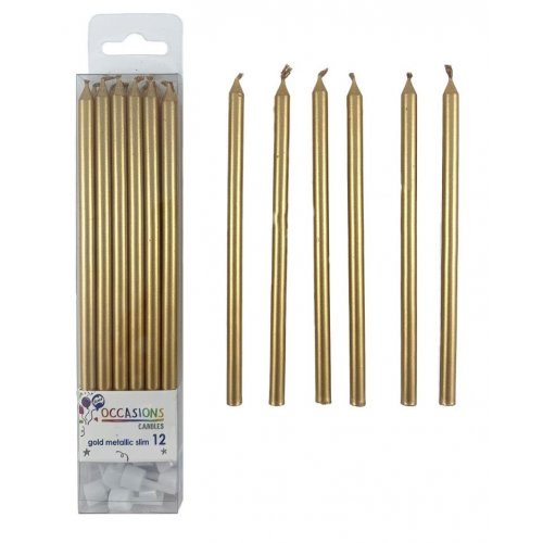 12pk Metallic Gold Slim Birthday Candles with Holders - Everything Party