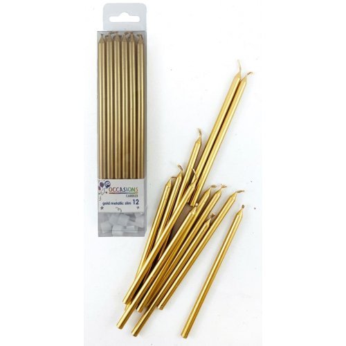 12pk Metallic Gold Slim Birthday Candles with Holders - Everything Party