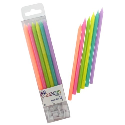 12pk Neon Slim Birthday Candles with Holders - Everything Party