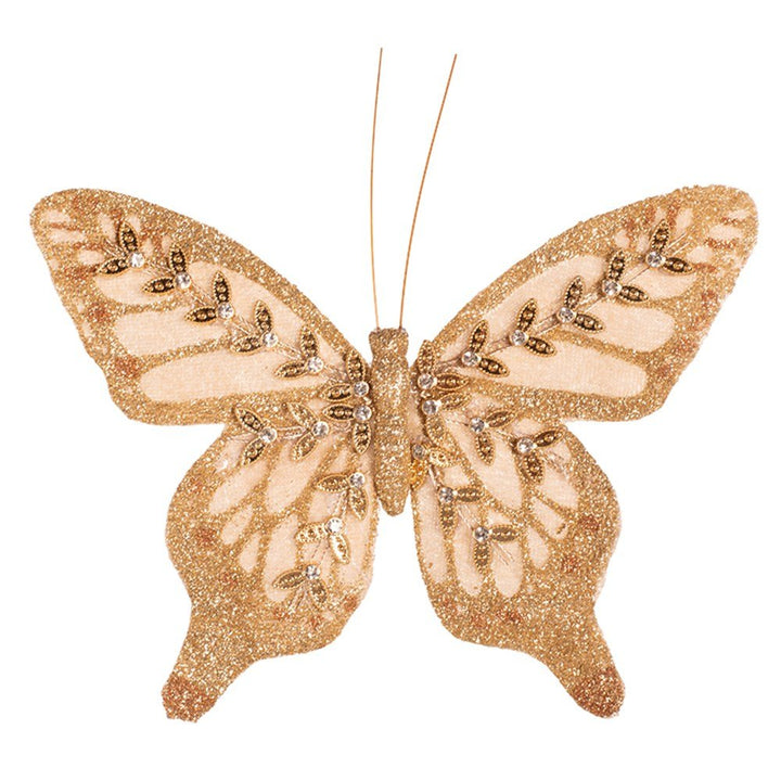 14cm Champagne Glitter Butterfly with Clip Christmas Tree Ornament - Everything Party