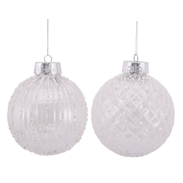 15cm Clear Bauble with White Handpainted Glitter Detail Christmas Tree Decor - Everything Party