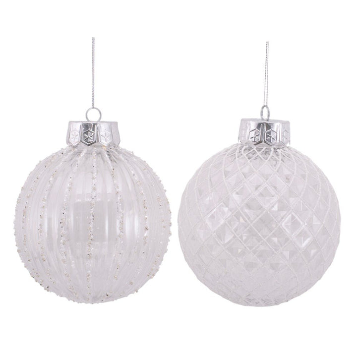 15cm Clear Bauble with White Handpainted Glitter Detail Christmas Tree Decor - Everything Party