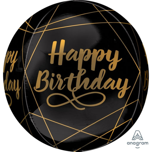 16" Anagram Orbz Elegant Black with Gold Happy Birthday Balloon - Everything Party