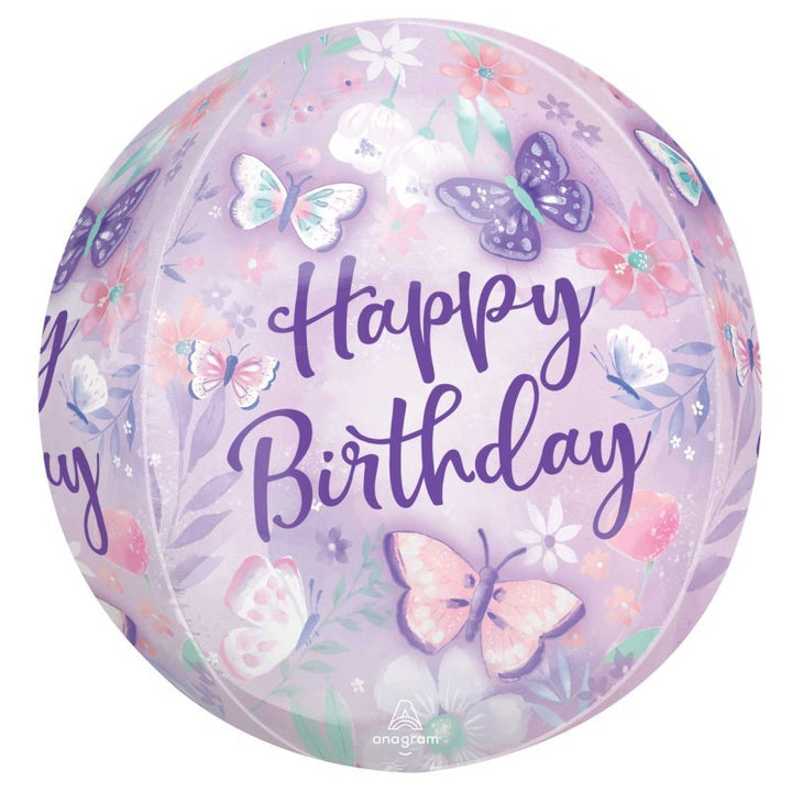 16" Anagram Orbz Purple Happy Birthday Butterfly Balloon - Everything Party