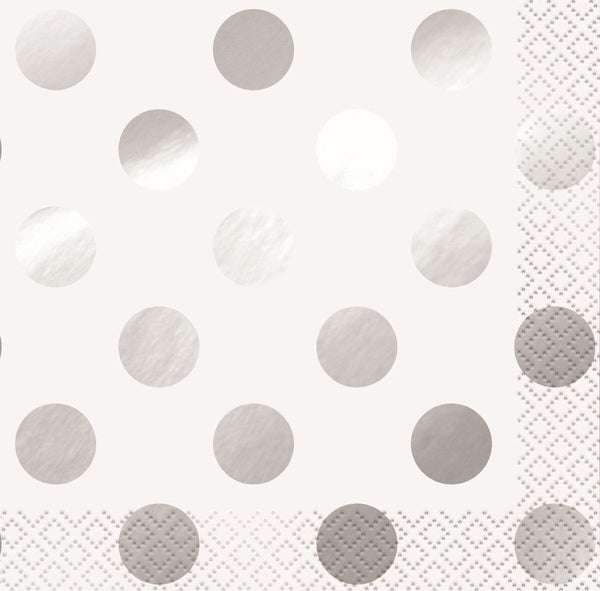 16pk Foil Stamped Silver Dots Beverage Napkins - Everything Party