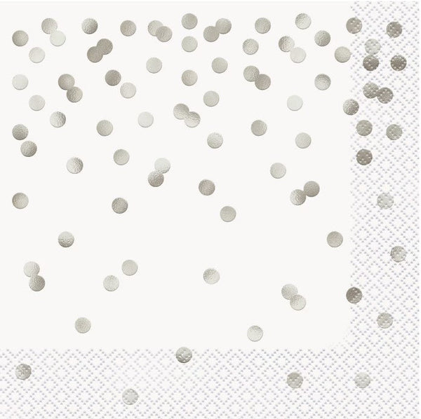 16pk Silver Confetti Foil Stamped Luncheon Napkins – 2 Ply, 33cm (13") - Everything Party