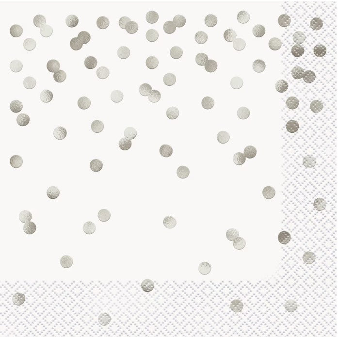 16pk Silver Confetti Foil Stamped Luncheon Napkins – 2 Ply, 33cm (13") - Everything Party