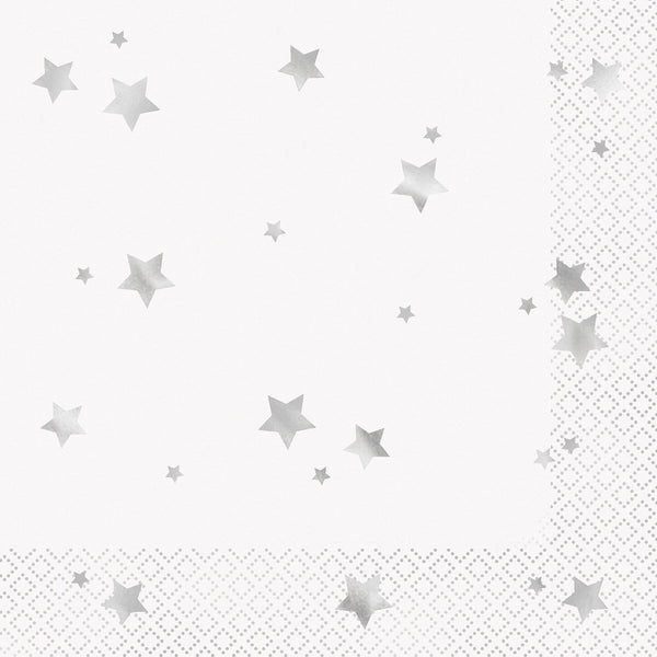 16pk Silver Stars Foil Stamped Luncheon Napkins – 2 Ply, 32.3cm - Everything Party