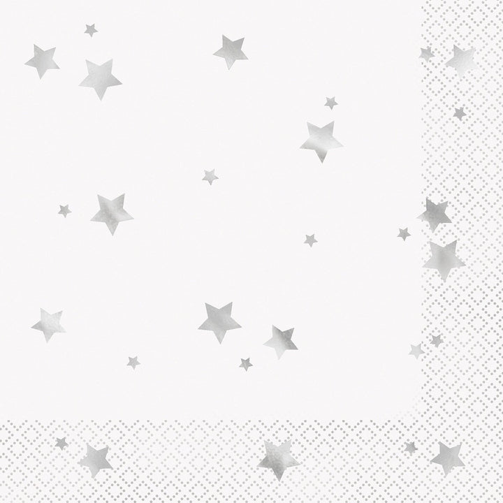 16pk Silver Stars Foil Stamped Luncheon Napkins – 2 Ply, 32.3cm - Everything Party