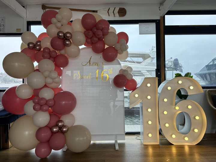 16th Birthday Balloon Garland on 2m Arch Backdrop with LED Number Lights - Everything Party