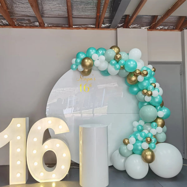 16th Birthday Balloon Garland on 2m Circle Backdrop with LED Number Lights - Everything Party