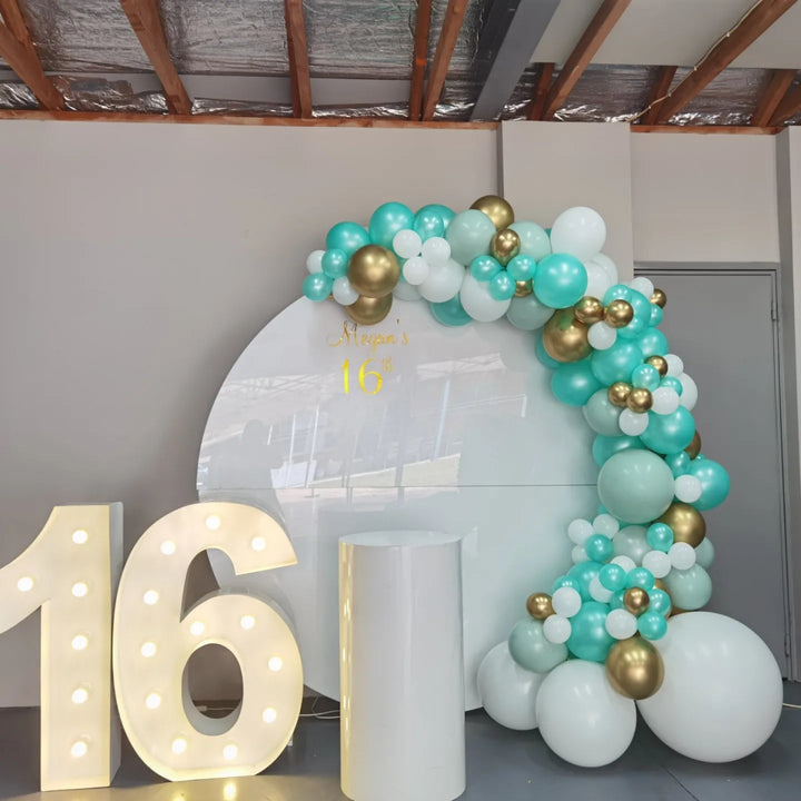16th Birthday Balloon Garland on 2m Circle Backdrop with LED Number Lights - Everything Party