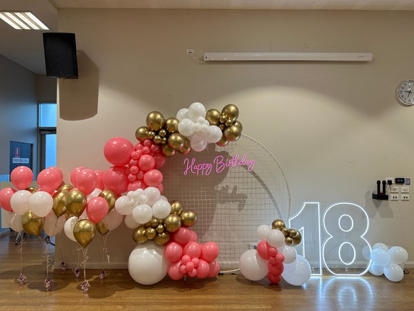 16th Birthday Balloon Garland on 2m Circle Mesh Backdrop With Acrylic Light Up Numbers - Everything Party