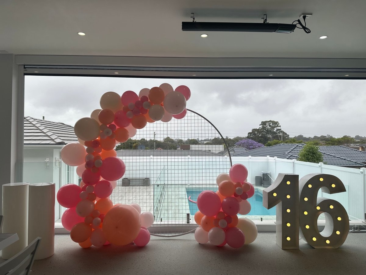 16th Birthday Balloon Garland on 2m Circle Mesh Backdrop With Light Up ...