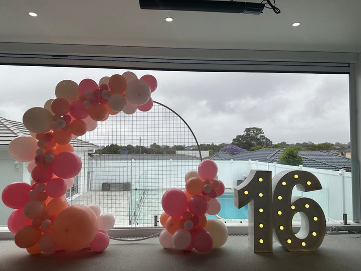 16th Birthday Balloon Garland on 2m Circle Mesh Backdrop With Light Up Numbers - Everything Party