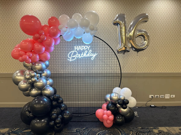 16th Birthday Balloon Garland on 2m Circle Mesh Backdrop With Neon Sign - Everything Party