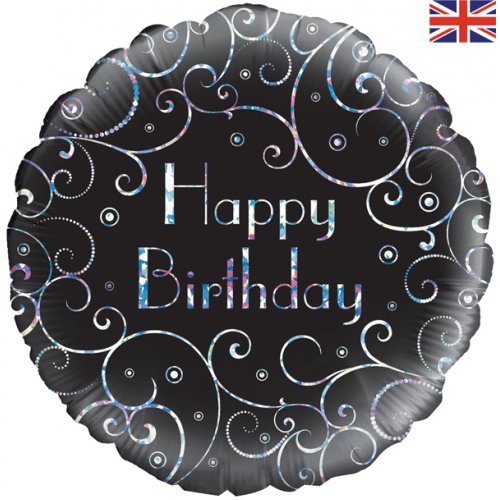 18" Oaktree Black Silver Swirls Happy Birthday Foil Balloon - Everything Party