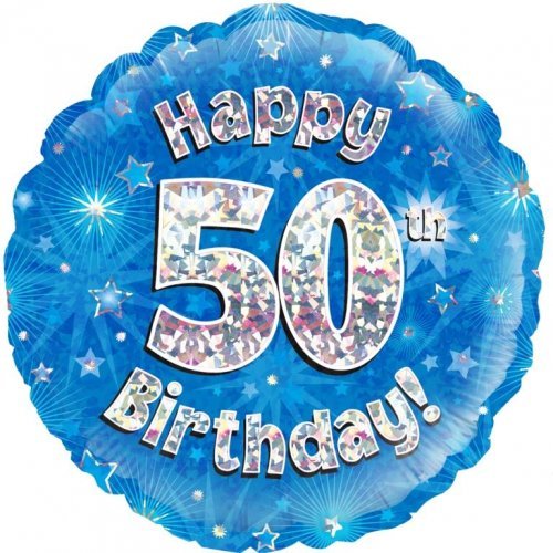 18" Oaktree Holographic Blue & Silver Happy 50th Birthday Foil Balloon - Everything Party