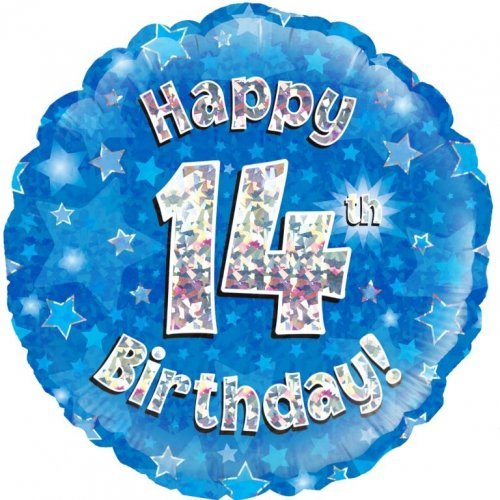 18" Okatree Holographic Blue Happy 14th Birthday Foil Balloon - Everything Party