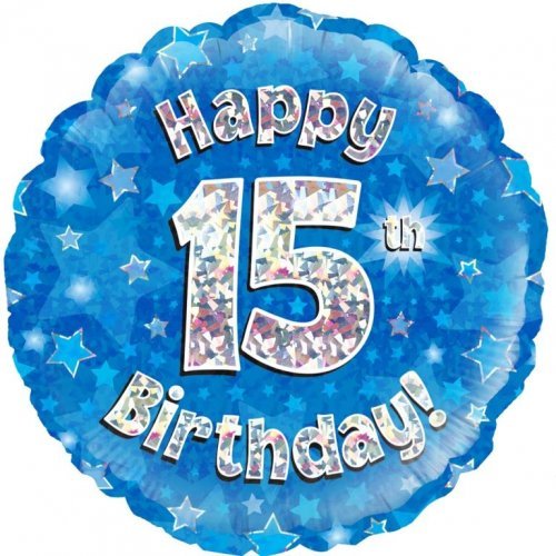 18" Okatree Holographic Blue Happy 15th Birthday Foil Balloon - Everything Party