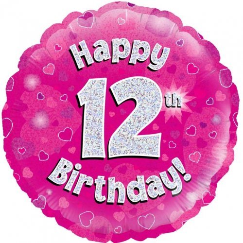 18" Okatree Holographic Pink Happy 12th Birthday Foil Balloon - Everything Party