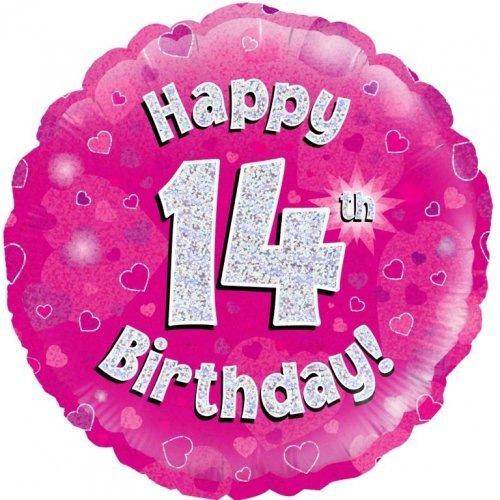 18" Okatree Holographic Pink Happy 14th Birthday Foil Balloon - Everything Party