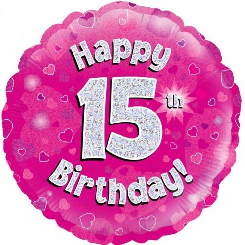 18" Okatree Holographic Pink Happy 15th Birthday Foil Balloon - Everything Party