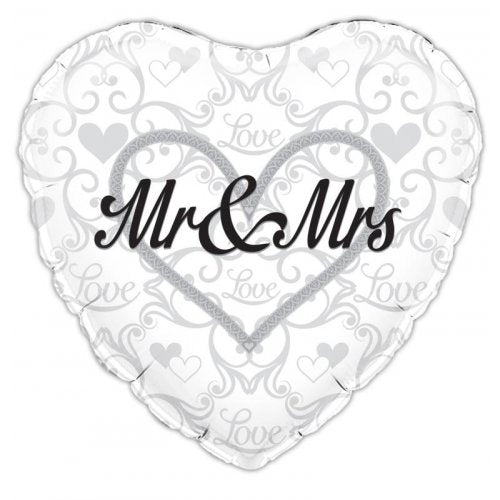 18" Okatree Mr & Mrs Silver Filigree Heart Shape Foil Balloon - Everything Party