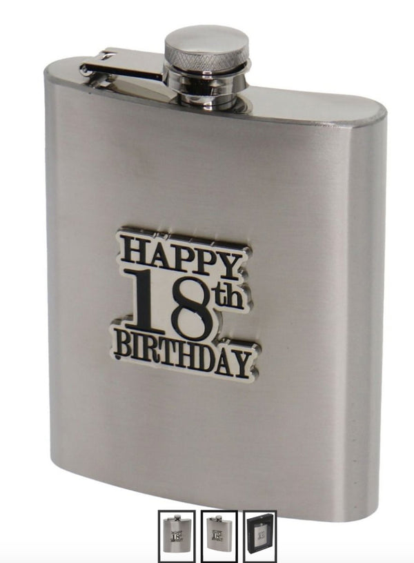 18th Birthday Badge Stain Steel Hip Flask - Everything Party