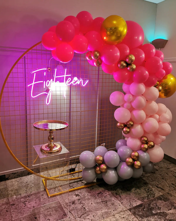 18th Birthday Balloon Garland on 2m Circle Backdrop with Neon light - Everything Party