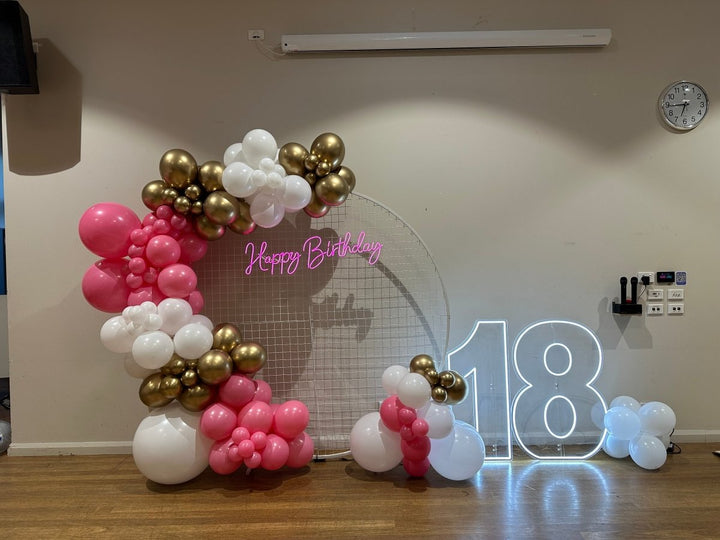 18th Birthday Balloon Garland on 2m Circle Mesh Backdrop With Acrylic Light Up Numbers - Everything Party