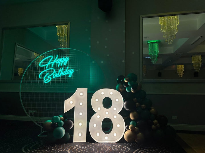 18th Birthday Balloon Garland on 2m Mesh Backdrop with LED Metal Numbers - Everything Party