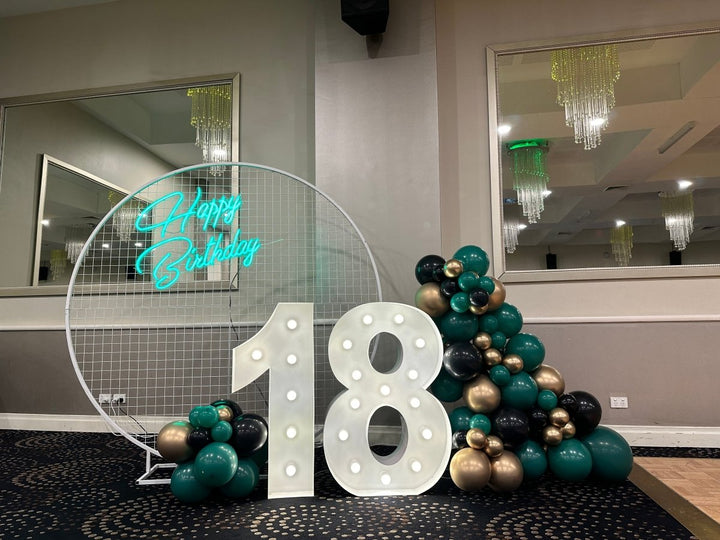 18th Birthday Balloon Garland on 2m Mesh Backdrop with LED Metal Numbers - Everything Party