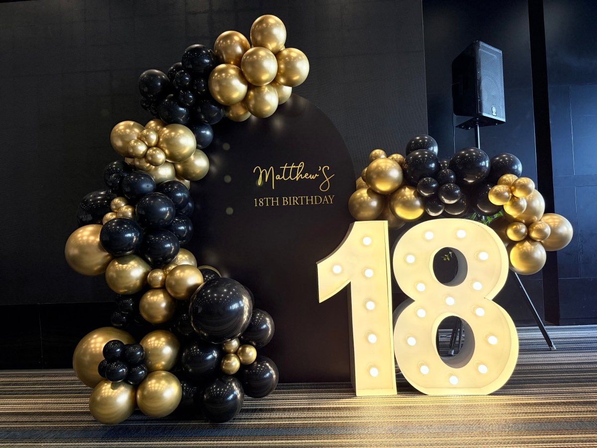 18th Birthday Balloon Garland with Customized Backdrop and LED light u ...